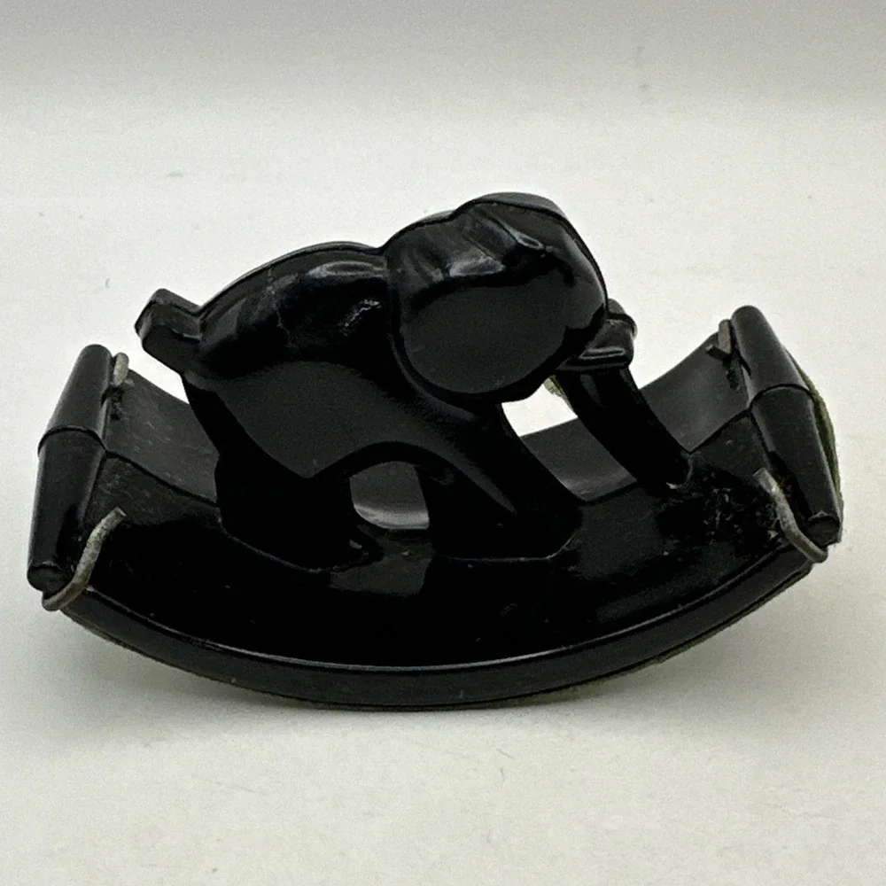 1920-30s HOUZE Glass Black Elephant Rocking Ink Blotter w/Clips & Cloth